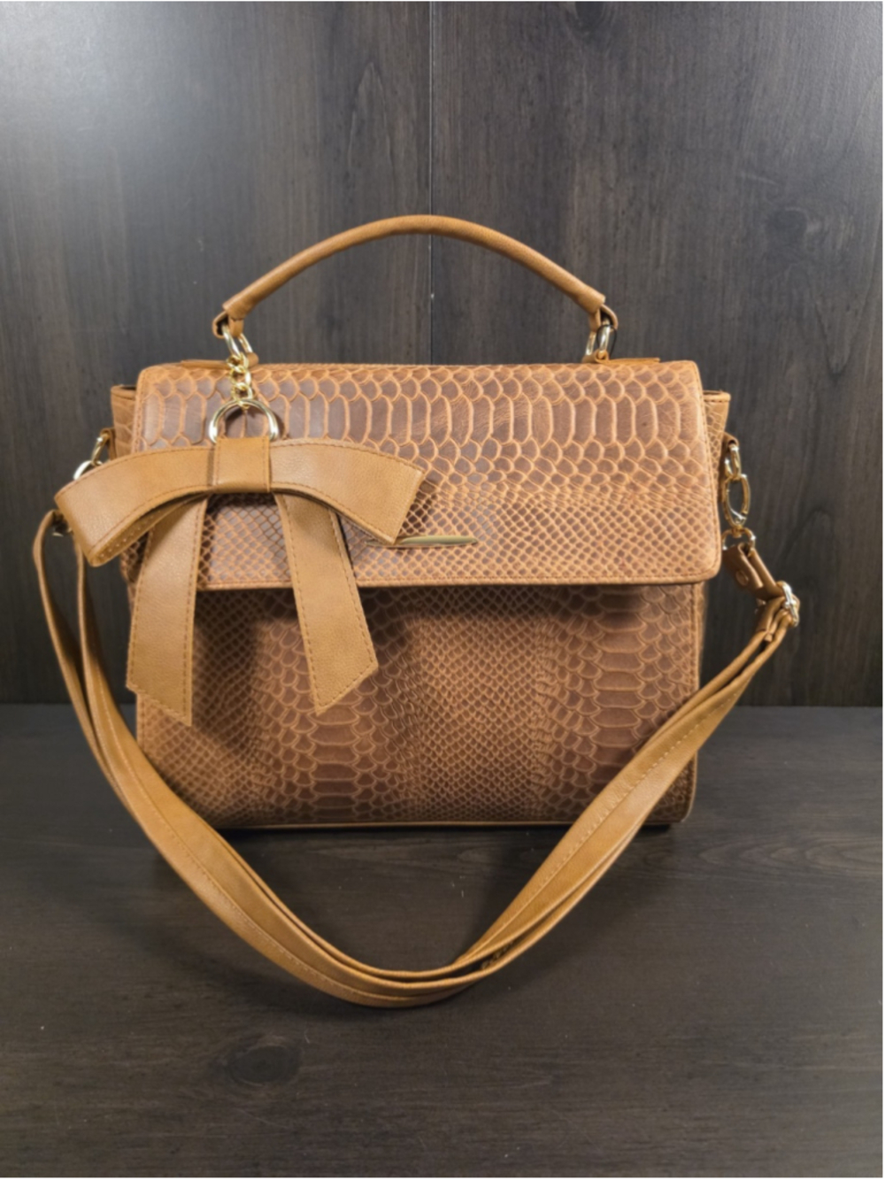 Bow Cognac Brown Snake Skin Embossed Tooled Artisan Cowhide LEATHER Bag Purse - Picture 15 of 16